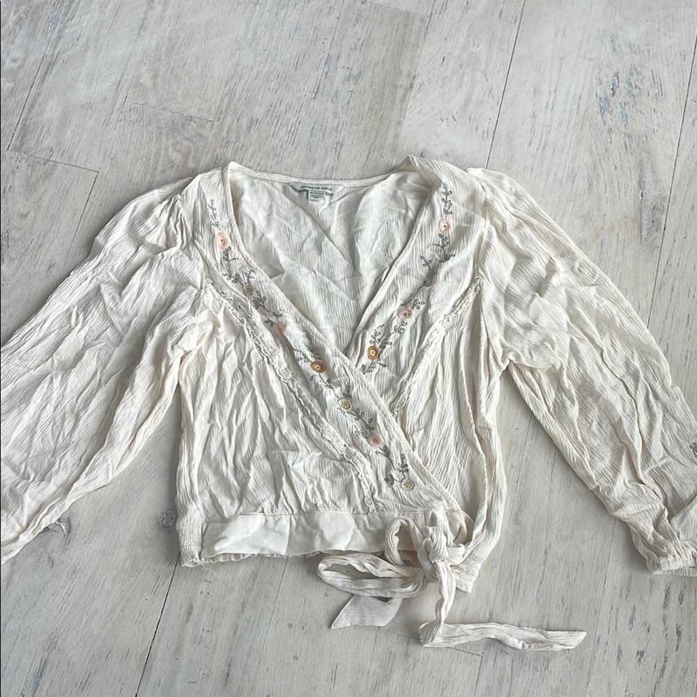 Embroidered Cream Wrap Top